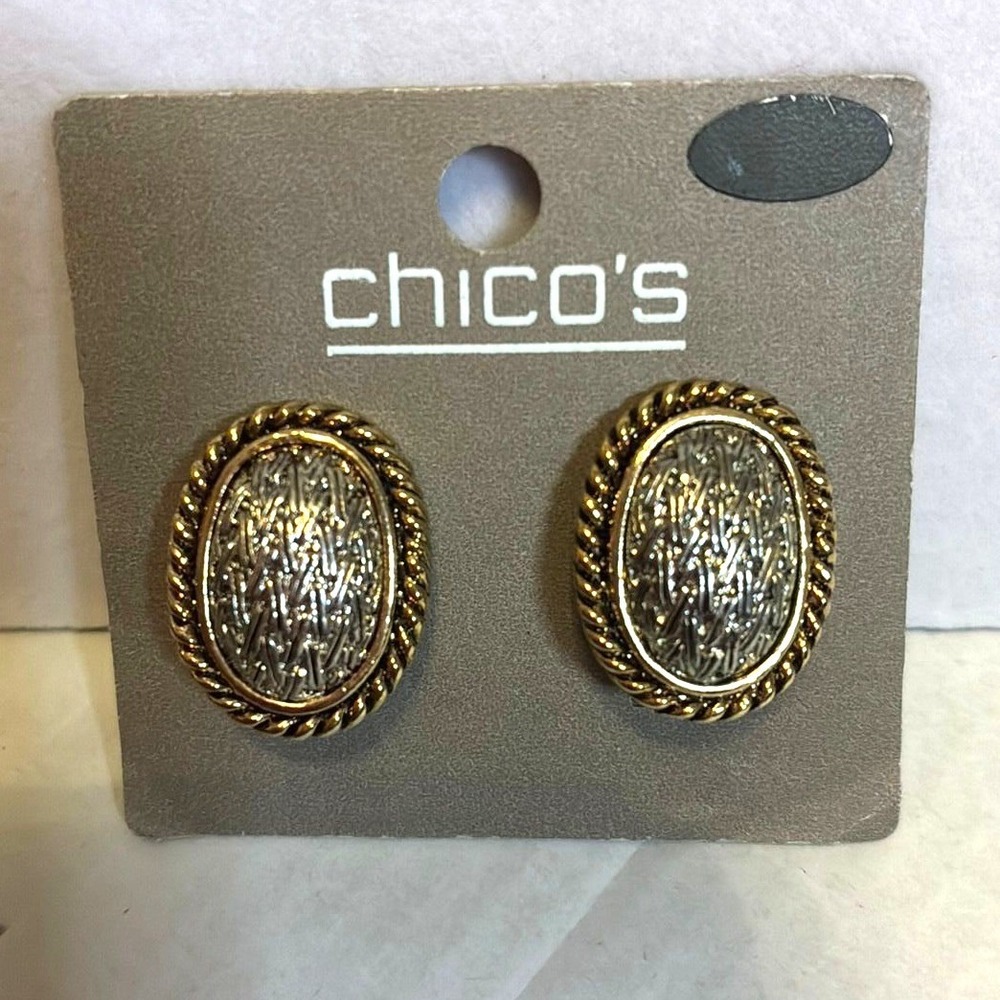 Chicos Mixed Metal Oval Clip On Earrings Gold Silver Tone Textured Rope New NWOT